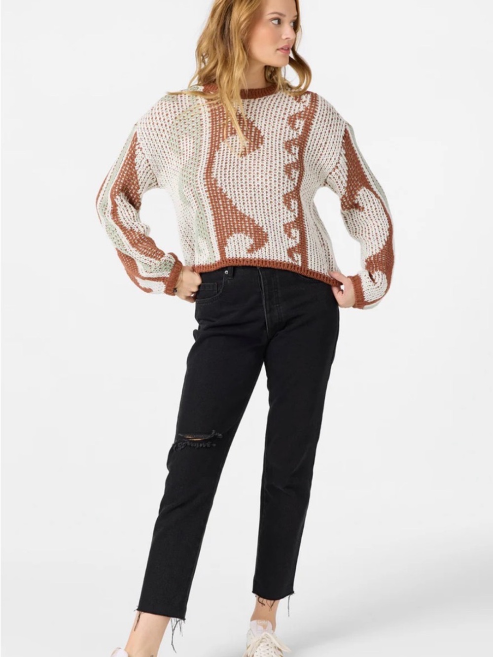 O'Neill White & Rust Patterned Scoop Neck Sweater